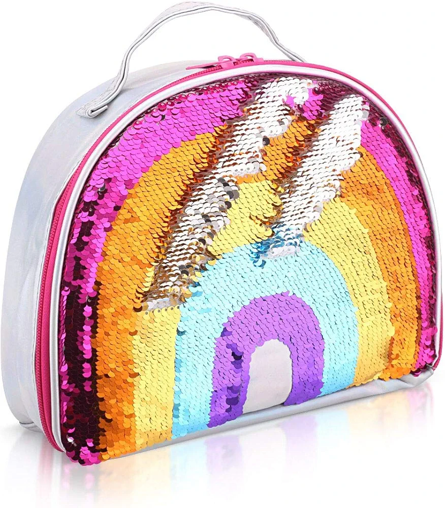 Eoncore Insulated Lunch Bag Bento Box Reversible Sequin lunch bags Rainbow Lunch Tote Bag Makeup Bag Snack Bags for Girls Women