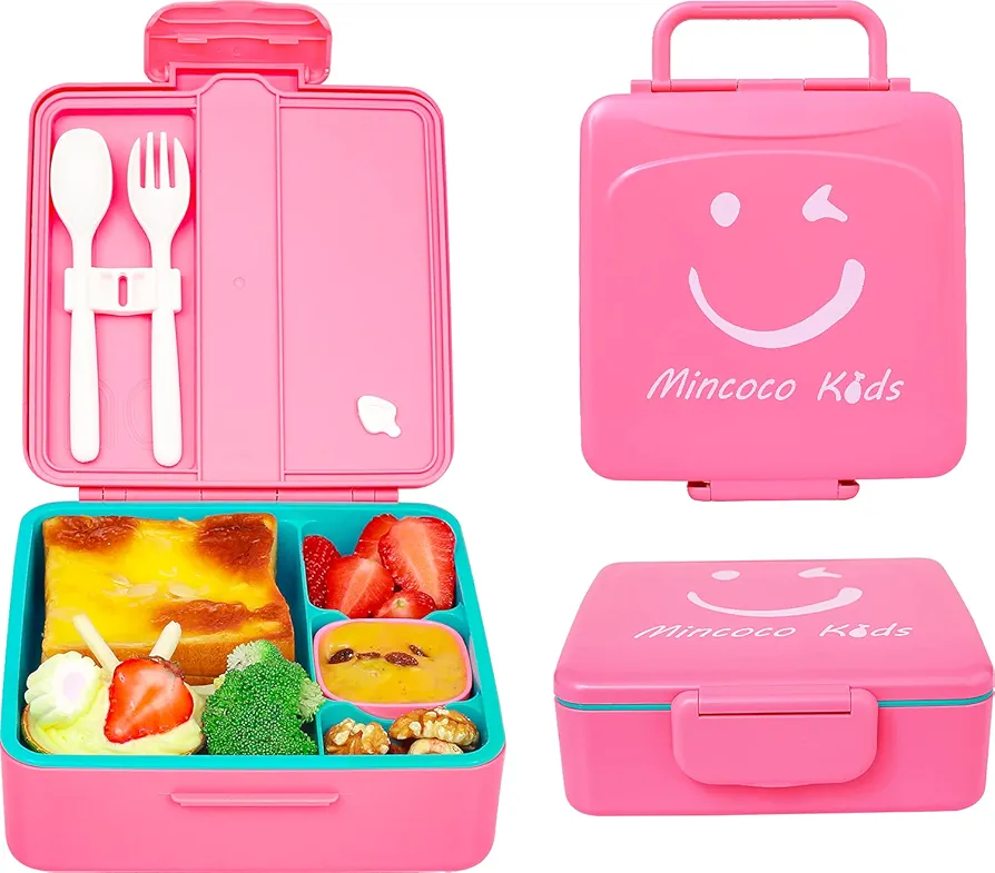 MINCOCO Kids Bento Lunch Box - Lunch Container with Sauce Jar, Spoon&Fork 4-Compartment, On-the-Go Meal and Snack Packing - Leak Proof, Durable, Microwave Safe (Watermelon Pink)