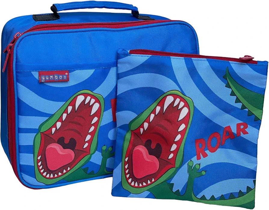 Yumbox Classic Lunch Bags Classic Lunch Bag, Insulated, Water Resistant Fabric, Fun Kids Prints, Interior and Exterior Pockets, Zip Closure (Dino Plus Sandwich Bag)