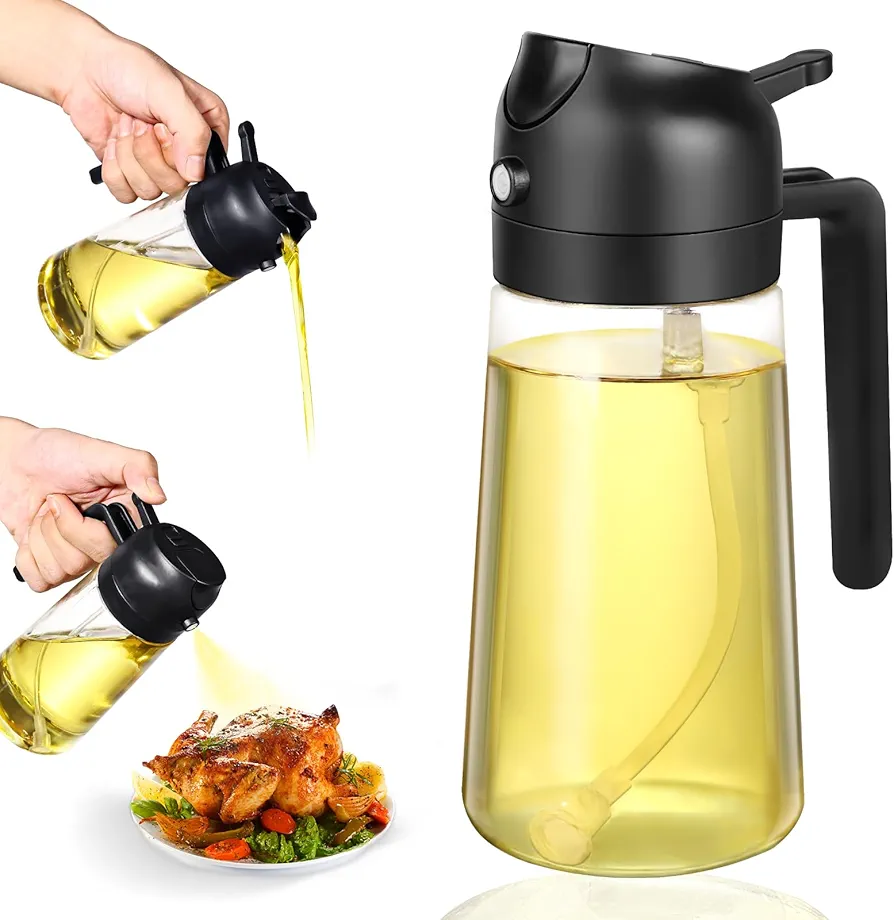 Oil Dispenser Bottle 470ml/16oz, 2 In 1 Oil Dispenser and Oil Sprayer, Food Grade Spray Bottle for Kitchen Cooking, Oil Dispenser for BBQ, Salad, Baking Steak, Air Fryer, Black