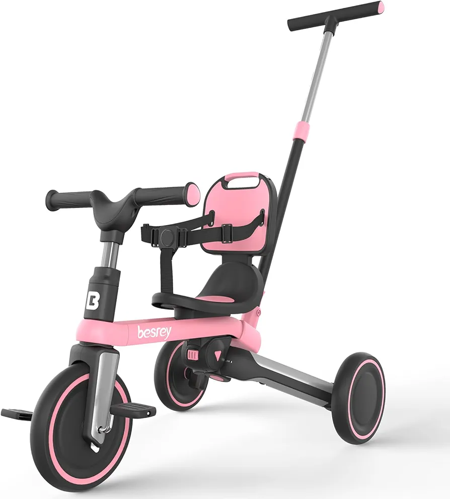 besrey Toddler Tricycle with Parent Steering Push Handle for 1-3 Years Old Girls and Boys, Toddler Bike with Removable Pedals, Foldable Kids Push Trike (Updated Version 2.0 Pink)