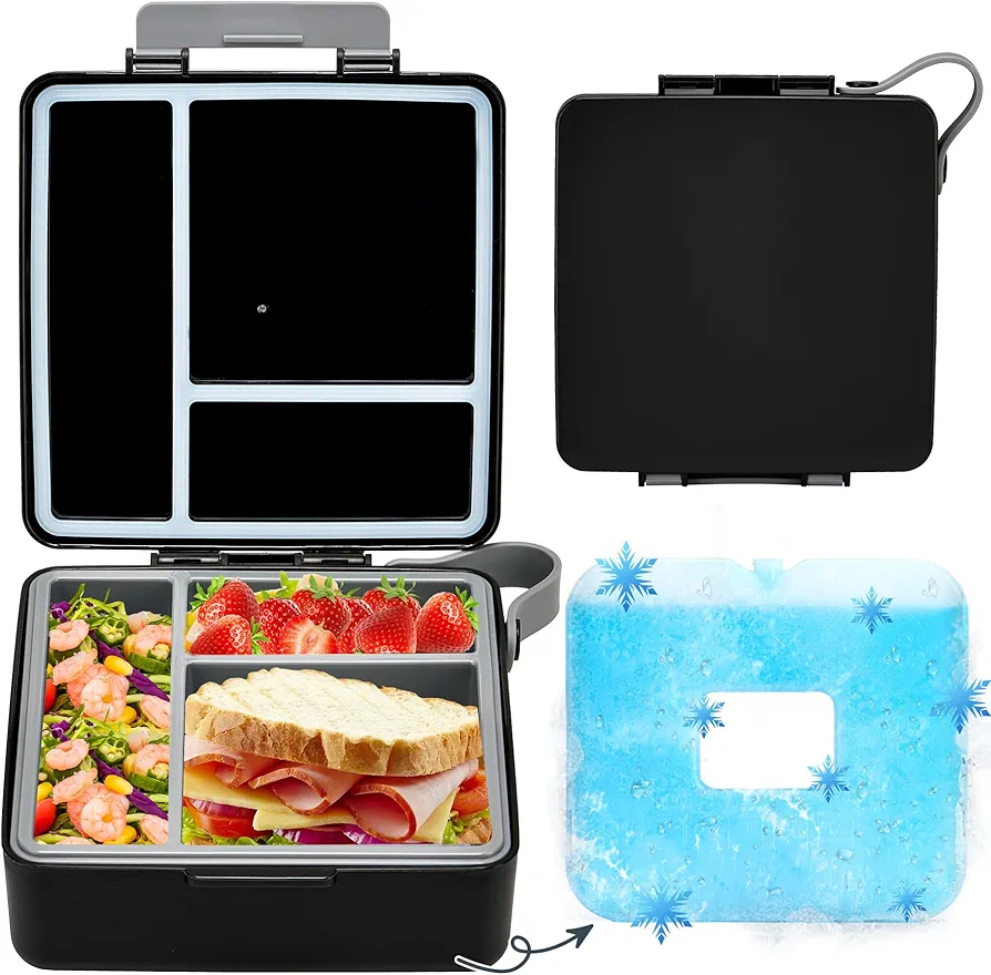Chill Bento Lunch Box,Bento Box with Ice Pack,Leak Proof 5-Compartment Lunch Container,Ice Pack Detachable Lunch Box BPA Free, Microwave & Dishwasher Safe (Black)