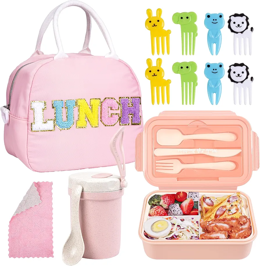 Kolewo4ever 17 Pieces Bento Box Lunch Box Kit,Large Insulated Lunch Bag 3 Layer Stackable Leakproof Lunch Box Containers with Cup,Lunch Bag,Spoon,Fork for Girl Women