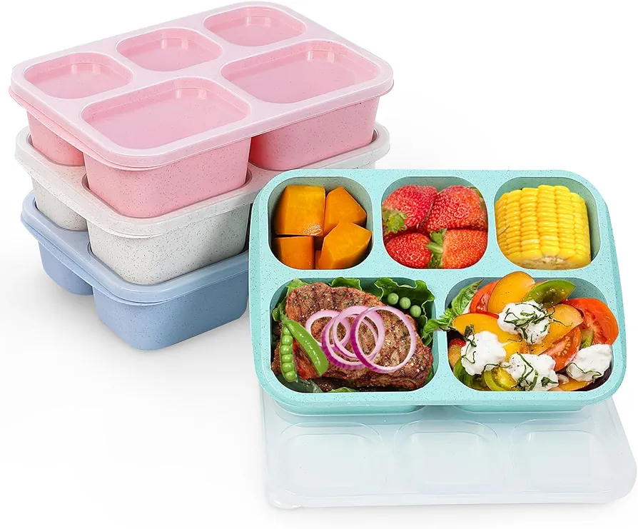 Bento Lunch Box, 5 Compartment Food Container Lunch Box Meal Prep Containers Wheat Straw Lunchbox Containers with Compartments Lids Microwave Safe Storage Boxes, Pack of 4