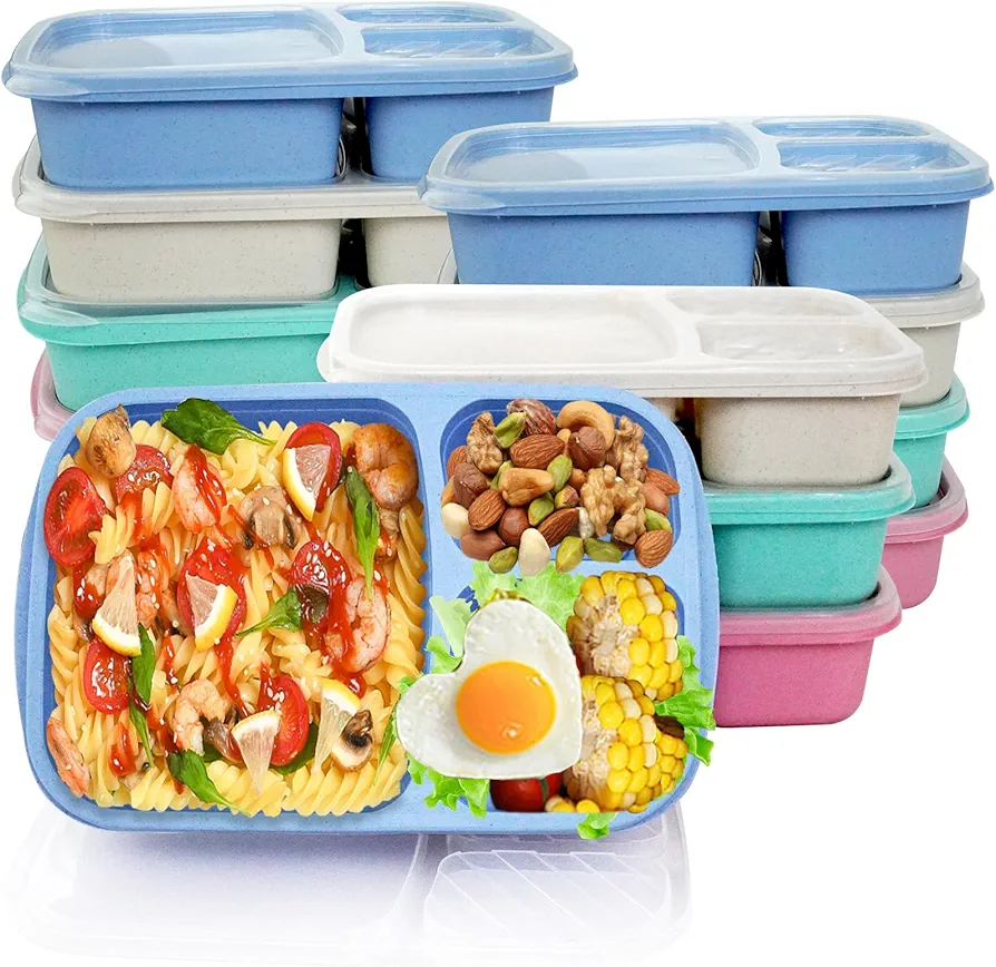 12 Pack Bento Box, 3 Compartment Lunch Box Containers, Wheat Straw Reusable Food Storage Containers, Freezer Microwave and Dishwasher Safe Snack Containers for Work School and Travel