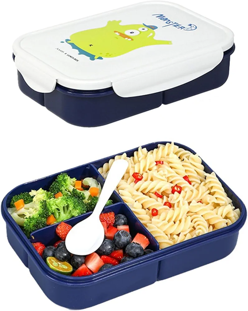 Bento Box Adult Lunch Box with 3 Compartment, Lunch Box Kids,Bento Box, Ideal Leak Proof Lunch Box Containers,No BPAs Bento Box for Kids,Microwave Safe Lunch Box (1.15L, Blue-Green Monster)