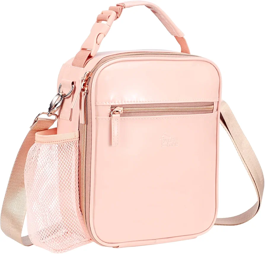 Yookee Home Lunch Box for Kids, Pink, Faux Leather, 8.5in x 3.2in x 10in
