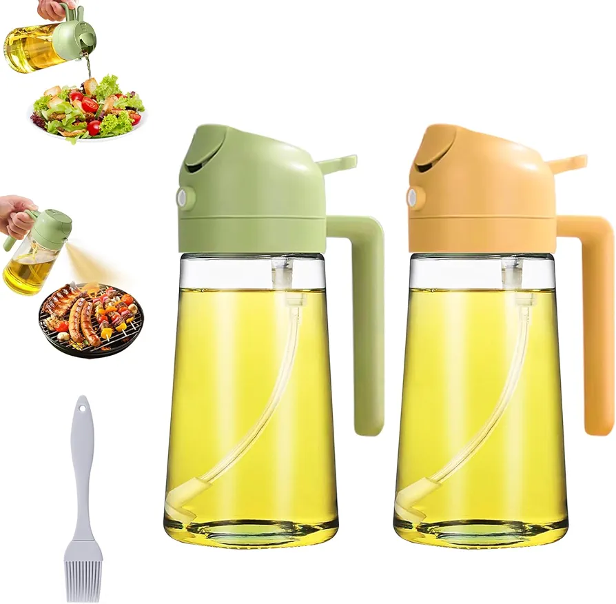 Oil Sprayer for Cooking, 2 in 1 Olive Oil Sprayer and Oil Dispenser, Food-grade Oil Spray Bottle 500ML/ 17OZ for Kitchen, BBQ, Frying, Air Fryer, Salad, Baking (G+Y)