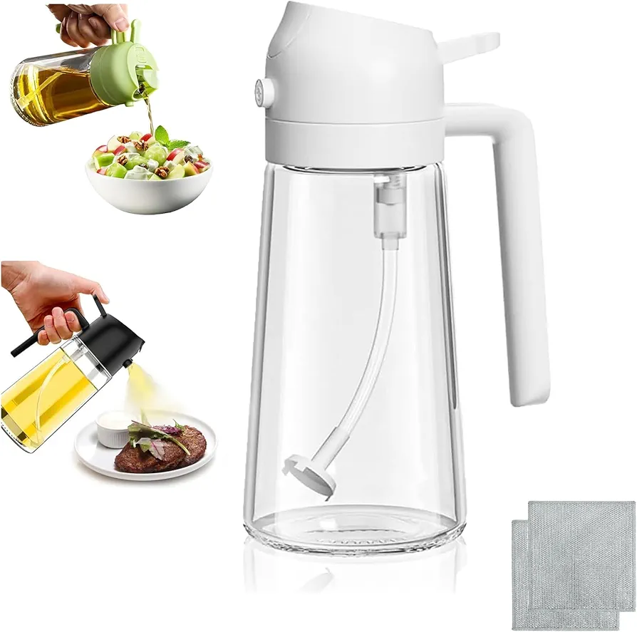 2 in 1 Oil Dispenser, 2 in 1 Oil Dispenser and Oil Sprayer, gj Oil Dispenser Bottle, Oil Sprayer and Dispenser for Cooking, Food-grade Oil Mister for Air Fryer, Salad, Frying, BBQ (White)