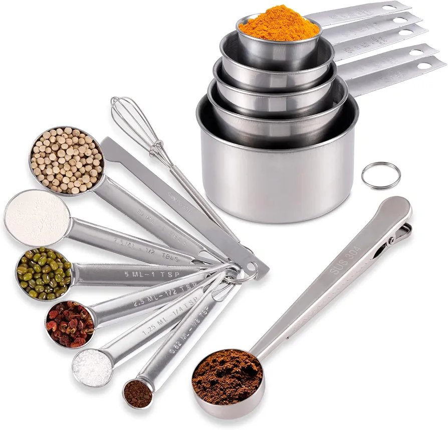 14 Piece Measuring Cups and Spoons set - Stainless Steel Measuring Cups - 5 Stainless Steel Nesting Measuring Cups & 6 Measuring Spoons, 1 Coffee Scoop & 1 Leveler & 1 Mini Blender for Cooking,Baking
