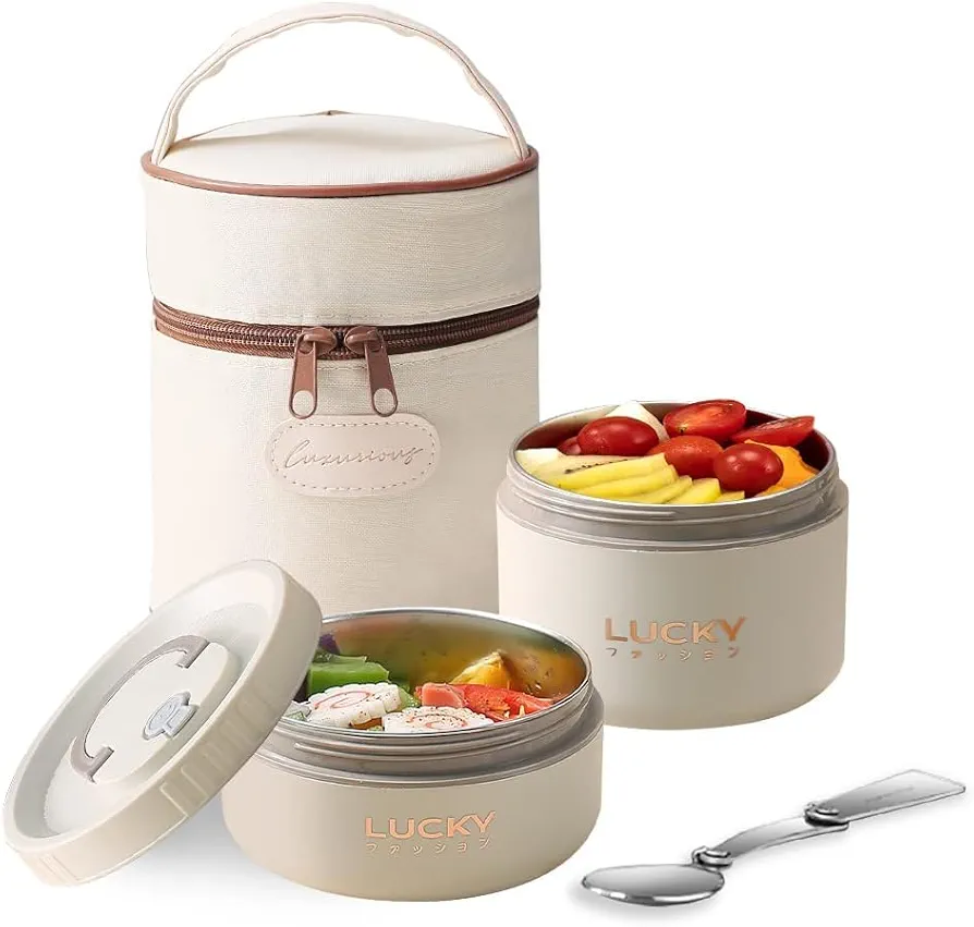 Stainless Steel Bento Box Adult Lunch Box With Thermos,Portable Insulated Food Lunch Container Set with Thermal Lunch Box, 2 Separate Stackable Lunch Container Microwave (Beige 34oz)