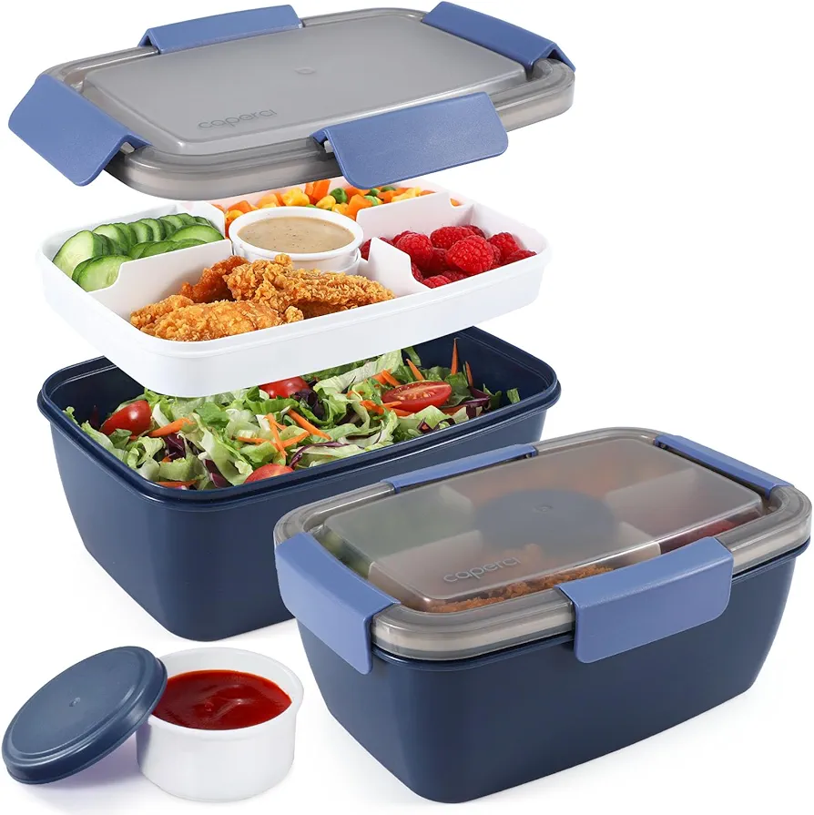 Caperci 2 Pack Large Salad Container for Lunch - 68 oz Salad Bowls To Go, Leakproof Bento Box Adult with 5 Compartments Tray, 4pcs 3-oz Sauce Cups, Reusable Spork & BPA-Free (Navy)