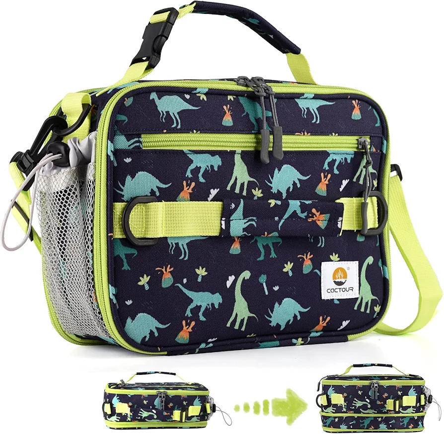 Insulated Lunch Bag,Expandable Kids Lunch Box,Double Zipper & Lunch Bag Kids with Strap,Lightweight Reusable Lunch Tote Bag for Boys Girls,Meal Containers for School/Picnic (Dinosaur)
