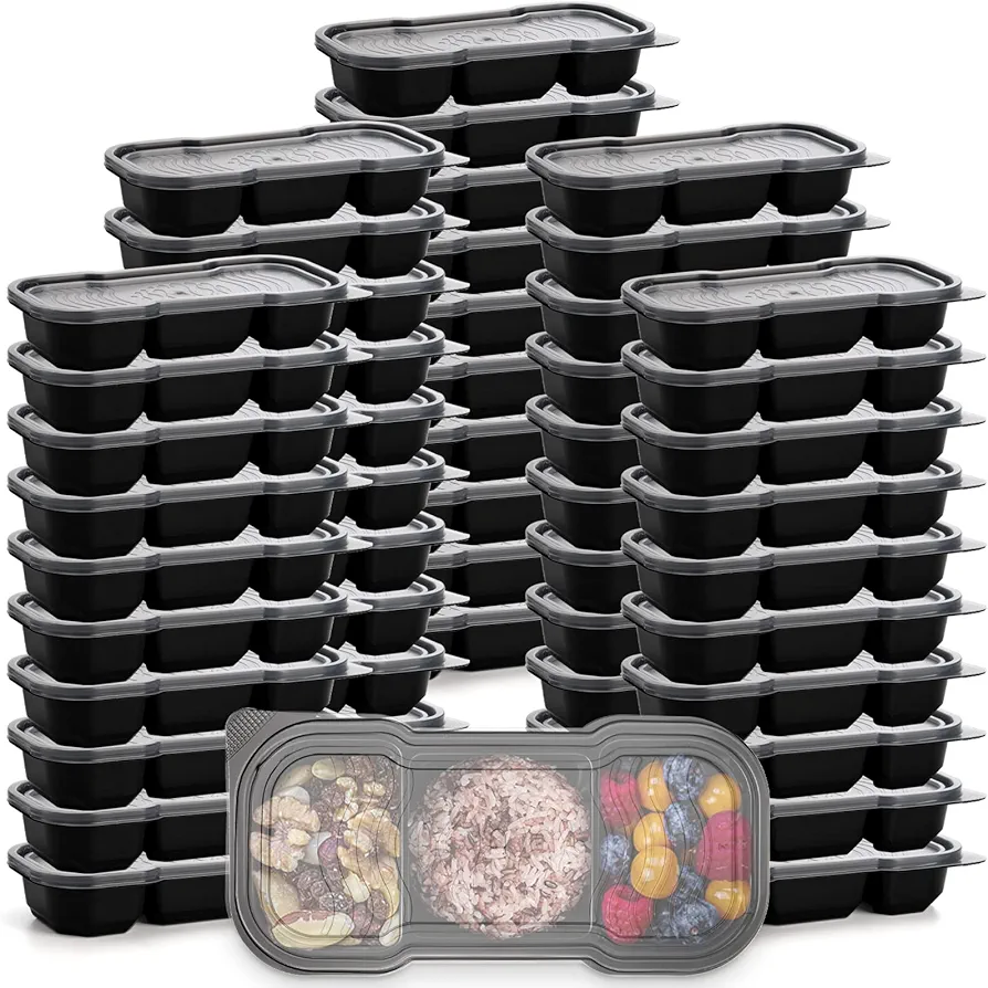 Hiceeden 50 Pack 16 Oz Meal Prep Containers with 3 Compartments, Disposable Plastic Snack Bento Boxes with Lid, Stackable Food Containers Reusable Travel Lunch Boxes for Office, School, Microwave Safe
