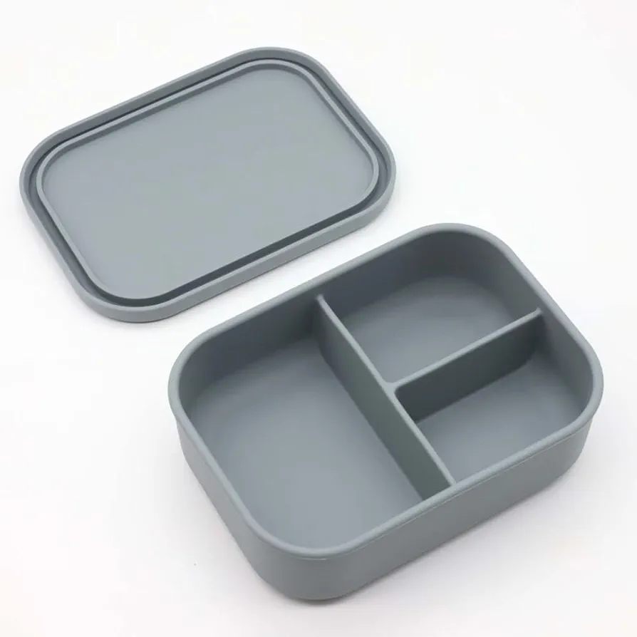 Nyte Nyte Baby Gray Kids Bento Box 100% Food Grade Silicone Adults & Toddler Lunch box W 3 Compartments- Microwave, Dishwasher & Freezer Safe- Leak Proof- W Fork & Spoon Utensils