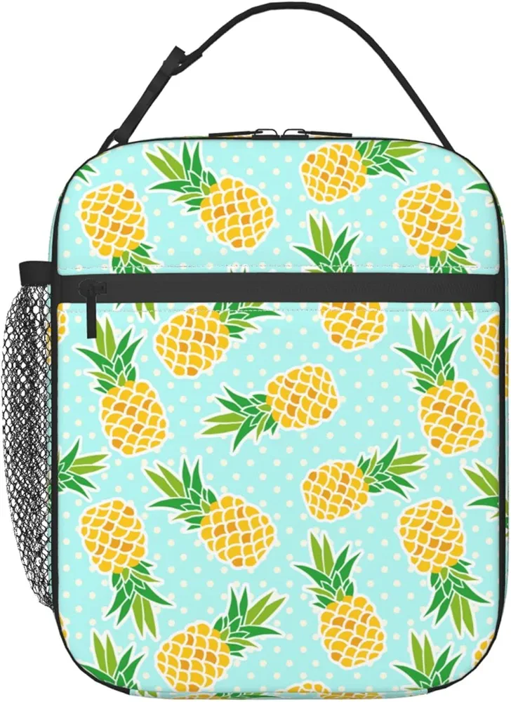 Cute Pineapples With Polka Dots Background Portable Lunch Bag Insulated Meal Bag Reusable Lunch Box Cooler Bag Food Container For School Work Travel Picnic Camping