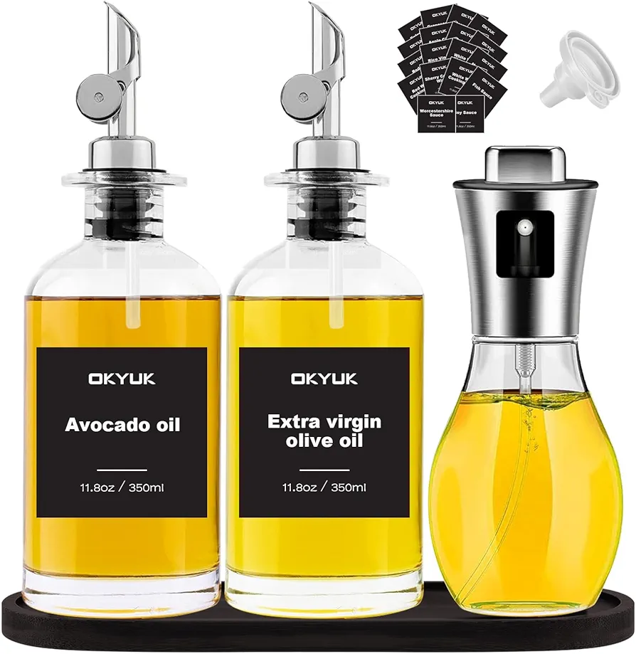 OKYUK Olive Oil Dispenser Bottle & Oil Sprayer for Cooking, w.Silicone Pour Spout & Bamboo Tray, Coffee Syrup Dispenser, for Steak, Salad Making, Frying, Garden BBQ, Air Fryers, Kitchen Baking