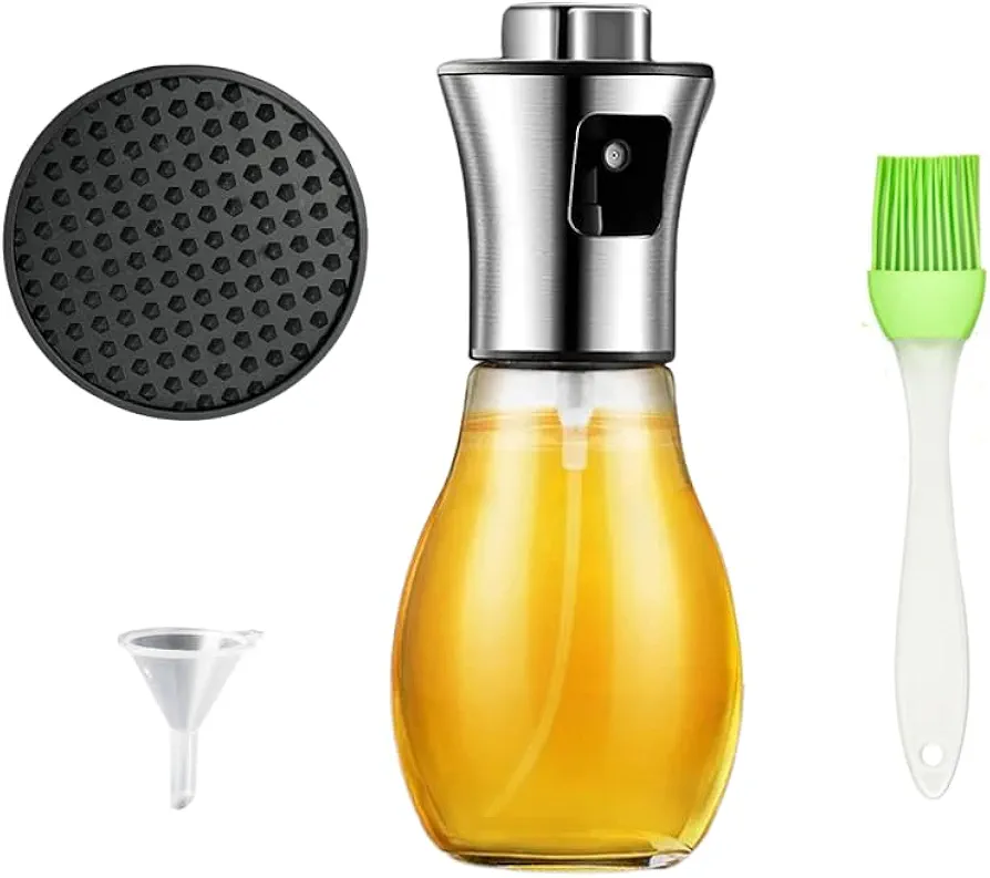 Olive Oil Sprayer For Cooking 200ml Bundle - Funnel, Brush, Drip Tray Included, Oil Sprayer Mister for Cooking, Air Fryer, BBQ, Salad, Baking, Portable Controlled Oil Dispenser
