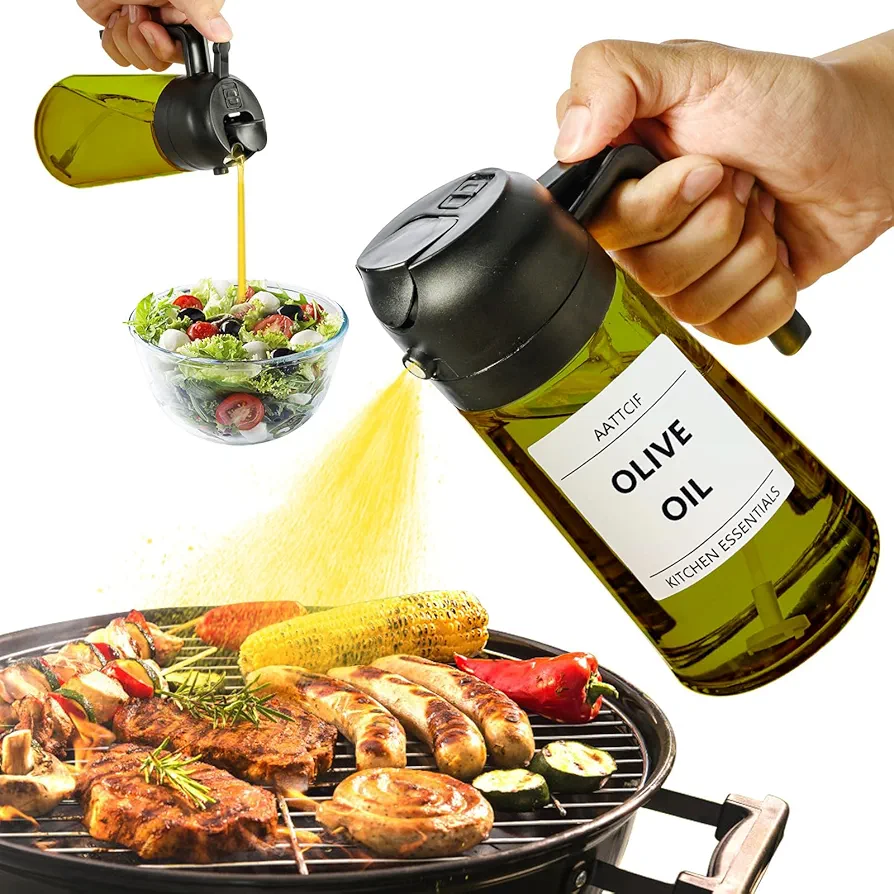 Kitchen Maiden 2 in 1 Oil Dispenser, Oil Sprayer for Cooking, 16oz Olive Oil Dispenser Bottle, Olive Oil Sprayer for Air Fryer, Salad, Baking, Light Blocking Olive Oil Spray Bottle with 8 Stickers