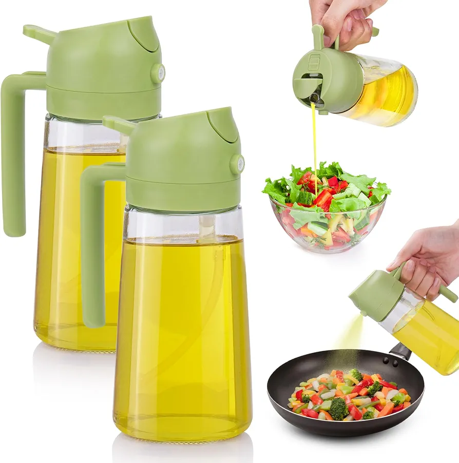 AIERSA 2Pack 2 In 1 Oil Dispenser and Oil Sprayer for Kitchen,Glass Oil Dispenser Bottle Spray and Pour,16oz/470ml Refillable Olive Oil Mister for Cooking Salads Vegetable Air Fryer Barbecue