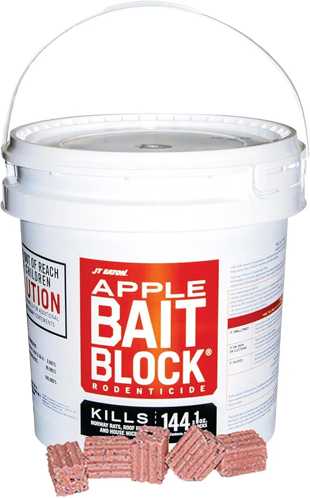 JT Eaton 709-AP Bait Block Anticoagulant Rodenticide, Apple Flavor, for Mice and Rats (9 lb Pail of 144)