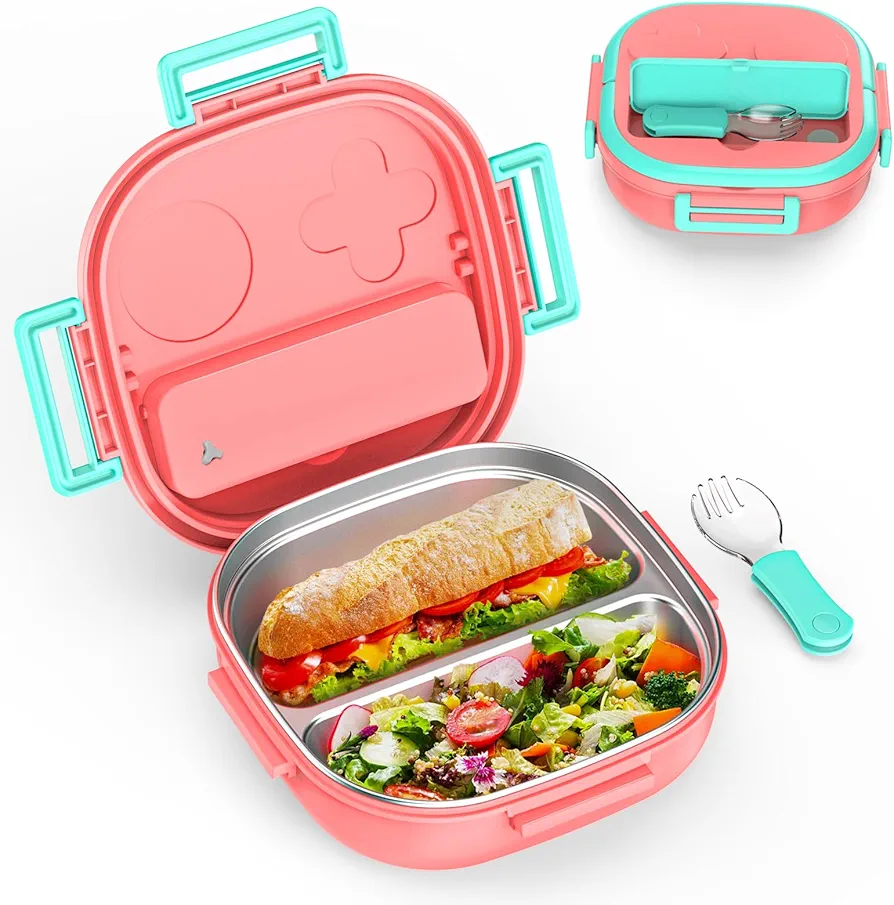 Bento Box for Kids Stainless Steel - 2-Compartment - Complete Lunch Set with Portable Utensil - Ideal for Children Under 10 Years Old - Dishwasher Safe & BPA-Free(Pink)