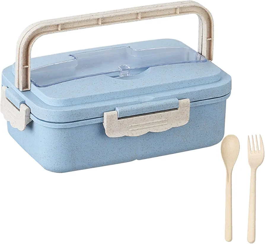3-Compartment Lunch Containers for Adult, 36oz/1L Plastic Lunch Box Kit for Meal Prep Snack Salad, BPA-Free - Wheat Material, Eco-Friendly & Healty, Blue-color