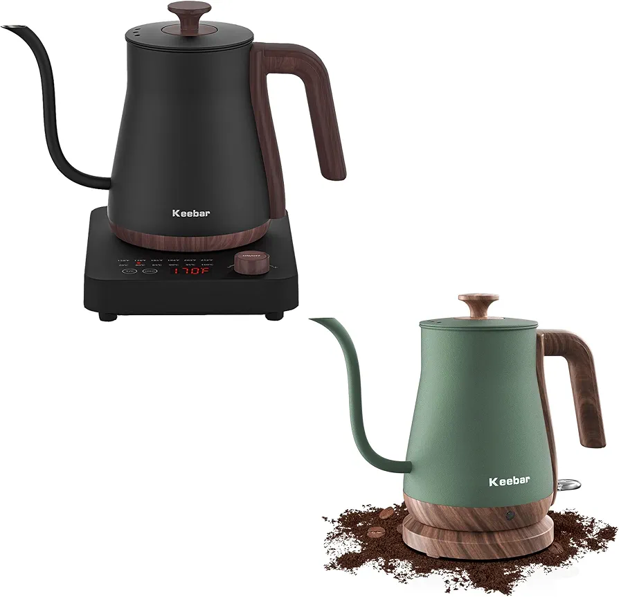 Electric Gooseneck Kettle Boudle Set - Gooseneck Electric Kettle and Gooseneck Electric Kettle with 6 Temperature Control Presets and Led Display, 0.8L, 0.8mm Spout, 304 Stainless Steel, 1000W