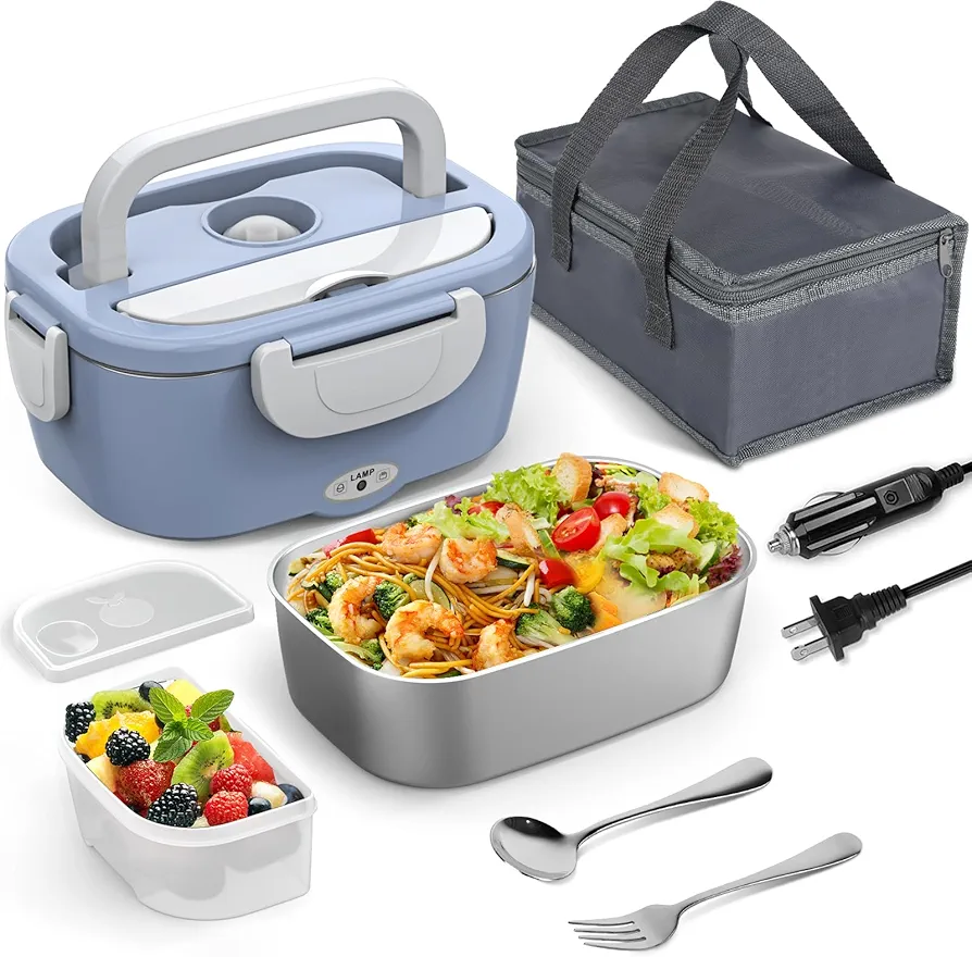 Blue Electric Lunch Box Food Heater, 60-80W Heated Lunch Box for Adults, 12V 24V 110V Portable Food Warmer LunchBox for Car Truck Work with Removable 304 Stainless Steel Container, Carry Bag