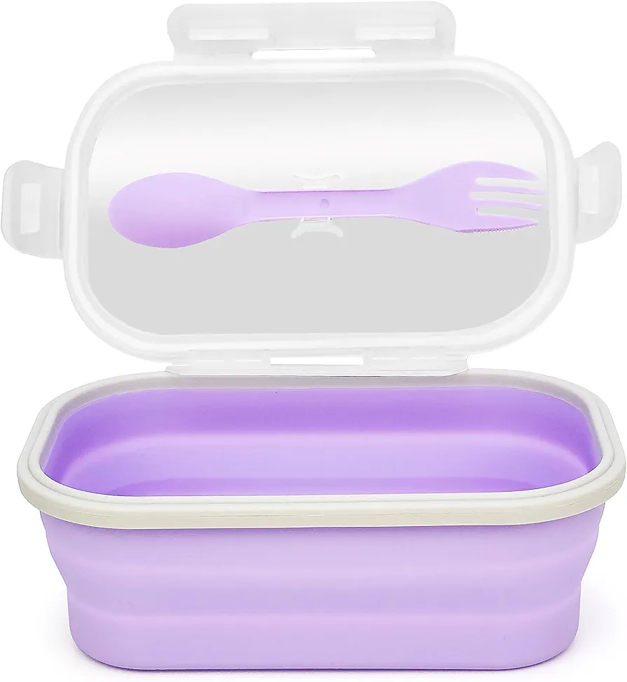 Collapsible Silicone Lunch Box with Lid and Spork, Leakproof Foldable Bento Box for Meal Prep, Travel, Camping, Microwave and Dishwasher Safe, 8.1 x 5.1 x 2.8 inches, Purple