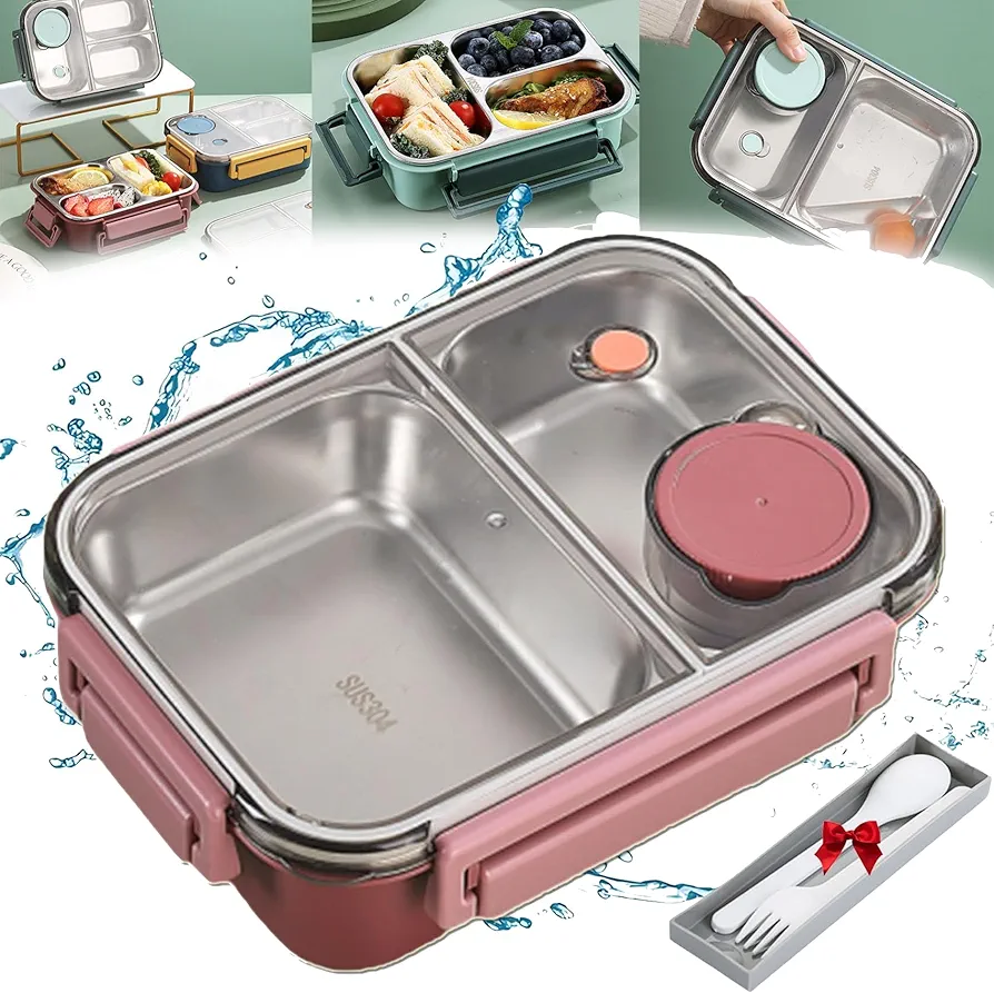 Escentio Lunch Box, Stainless Steel Bento Box Adult Lunch Box, Portable Adult Bento Box, Leakproof Stackable Large Capacity Dishwasher Safe Lunch Container with Divided Compartments (Red,2 grid)