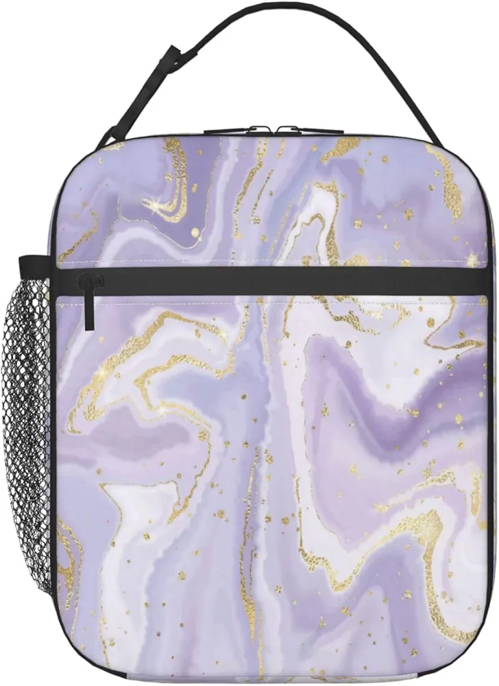 Purple Marble Lunch Box Insulated Lunch Bag for Women Men Reusable Portable Lunchbox Cooler Bento Tote Bag for Work Office Picnic