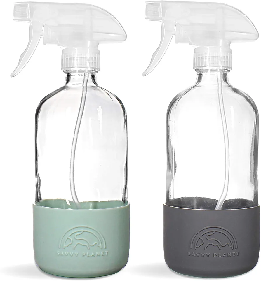 Glass Spray Bottles for Cleaning, Silicone Sleeve Bottom for Protection, Reusable Glass Spray Bottles 16 Oz With Adjustable Nozzle Settings (2 Pack)