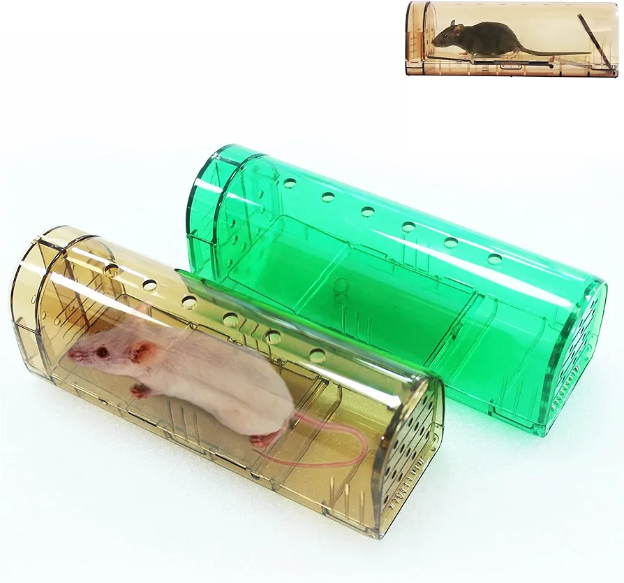 Humane Mouse Traps no Kill，Live Mouse Trap，Catch and Release That Works for Indoor/Outdoor 2 Pack Green and Brown，Kids and Pets Safe，Easy to Set/Clean，Reusable for Small Voles、Hamsters、Moles。