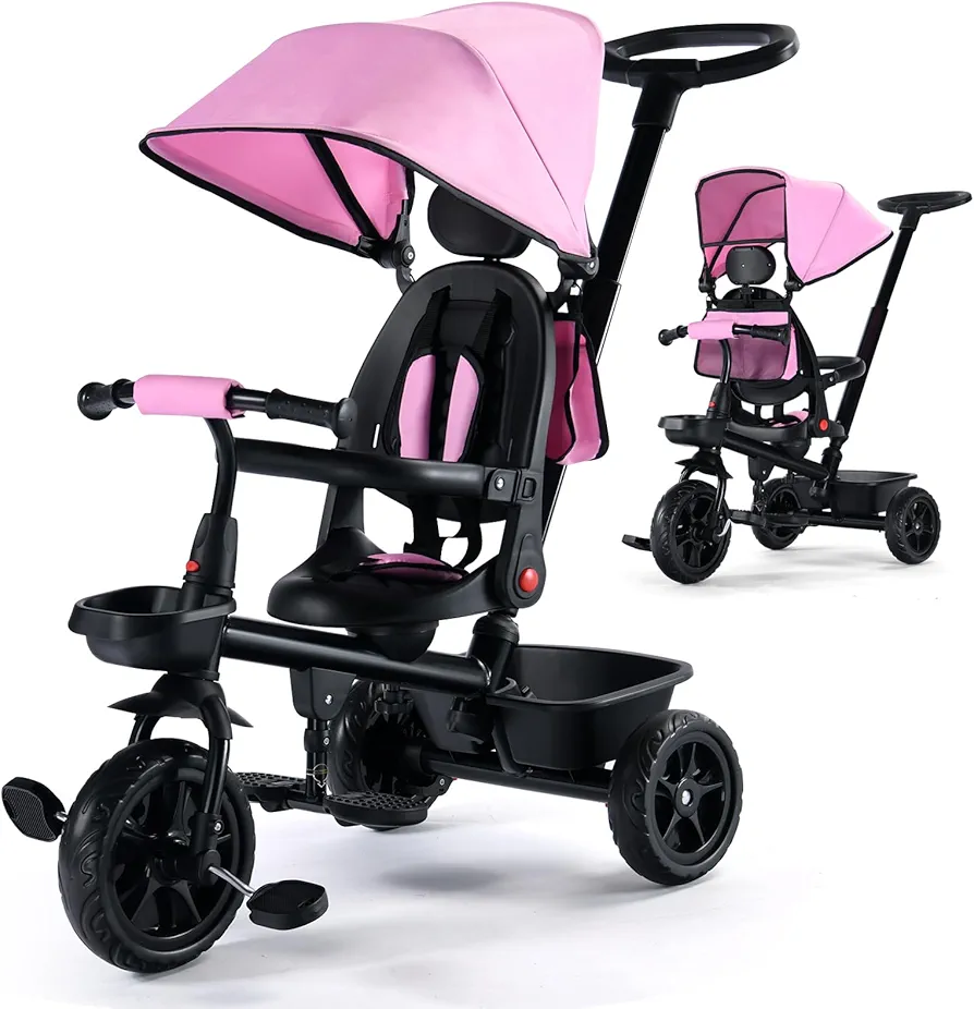 Kinder King Kids Tricycle, 6 in 1 Toddler Trike w/Adjustable Push Handle, Rotatable Seat, Adjustable Canopy, Safety Harness, Storage, Toddler Stroller Bike for 6 Months+,Pink