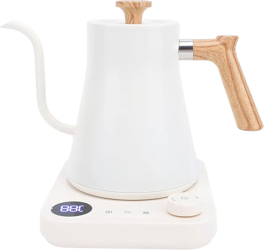 Electric Gooseneck Kettle for Pour Over Coffee/Tea, 1200W 0.9L Quick Heating Electric Kettles with Stainless Steel Inner, LCD Screen, Timing Constant Temperature, Auto Shut Off (White)