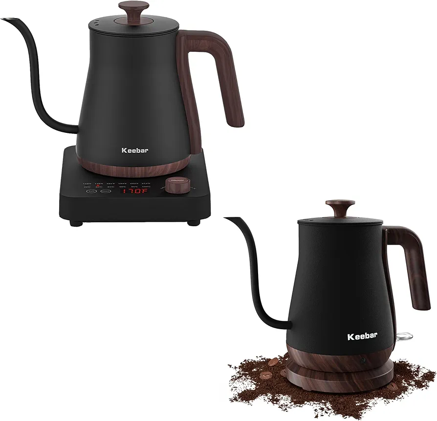 Electric Gooseneck Kettle Boudle Set - Gooseneck Electric Kettle and Gooseneck Electric Kettle with 6 Temperature Control Presets and Led Display, 0.8L, 0.8mm Spout, 304 Stainless Steel, 1000W
