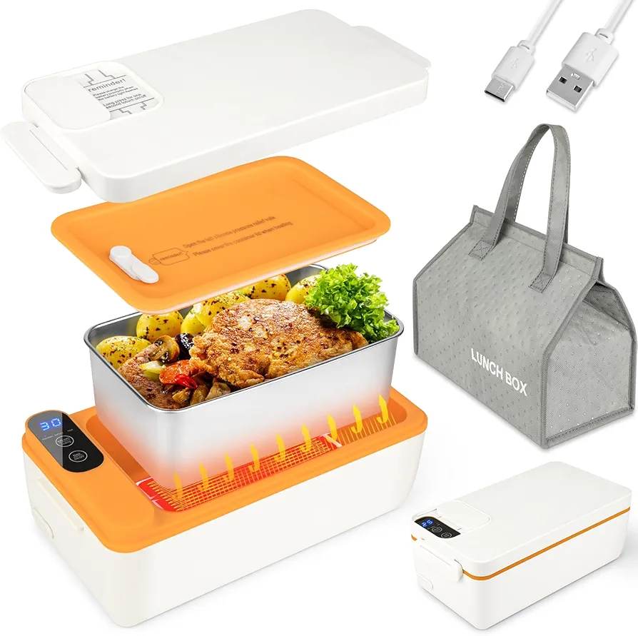 Cordless Electric Lunch Box, No Water Required Battery Powered Heated Lunch Box, USB Electric Lunch Box for Adults 1L 304 Stainless Steel Container, Warming Time Selectable with HD Digital Display