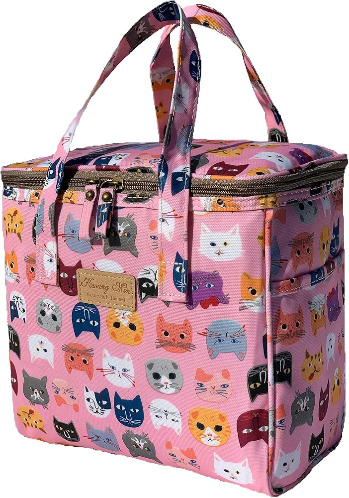 Kwang Min Pink Cat Faces Insulated Lunch Bag for Women Reusable Lunch Box for Adult,Large Bento Cooler for Office Picnic Beach Party,Premium Fabric,WaterProof,Pink Gift Pink Cat)