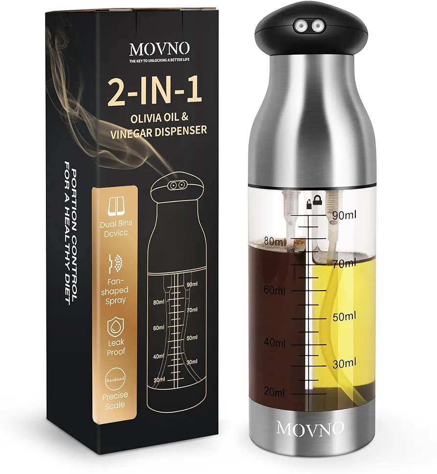 MOVNO 2 in 1 Oil Sprayer for Cooking, 90ml+90ml Dual-Chamber Oil and Vinegar Dispenser Bottle, Olive Oil Dispenser for Air Fryer Vinegar, Olive Oil Spray for Salad, BBQ, Kitchen Baking, Roasting