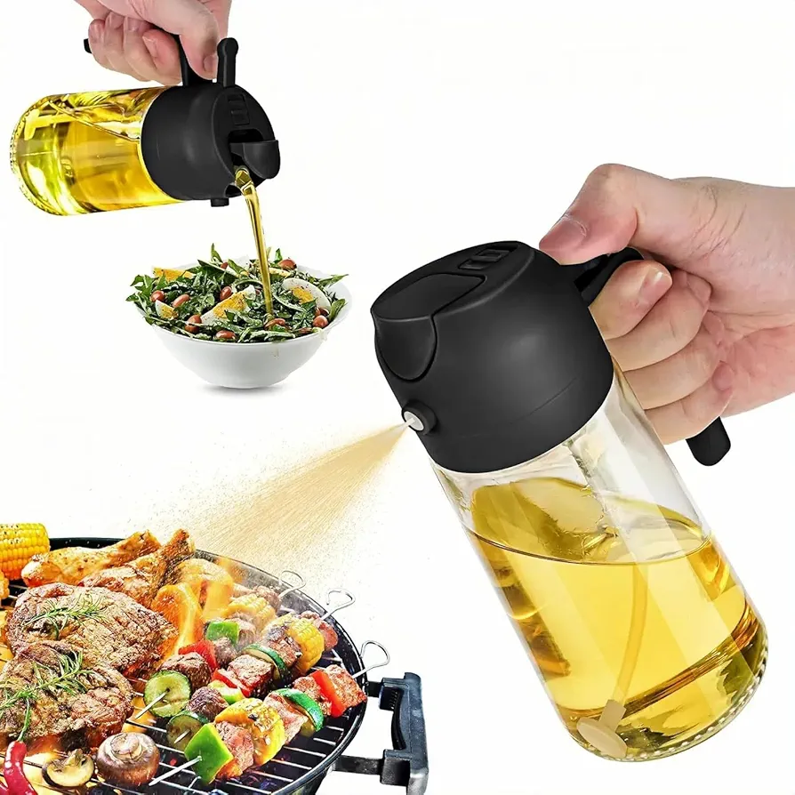 Oil Dispenser Bottle for Kitchen - 2 in 1 Olive Oil Dispenser and Oil Sprayer - 470ml Olive Oil Bottle - Oil Sprayer for Cooking, Kitchen, Salad, Barbecue Black&Green and White