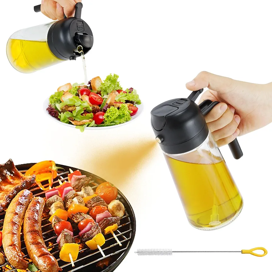 2 In 1 Glass Oil Sprayer & Dispenser with Brush, 470ml/ 16oz Cooking Oil Spray Bottle, Olive Oil Dispenser Spray and Pour, Spray Oil Dispenser for Kitchen, Salad, Barbecue (Black)