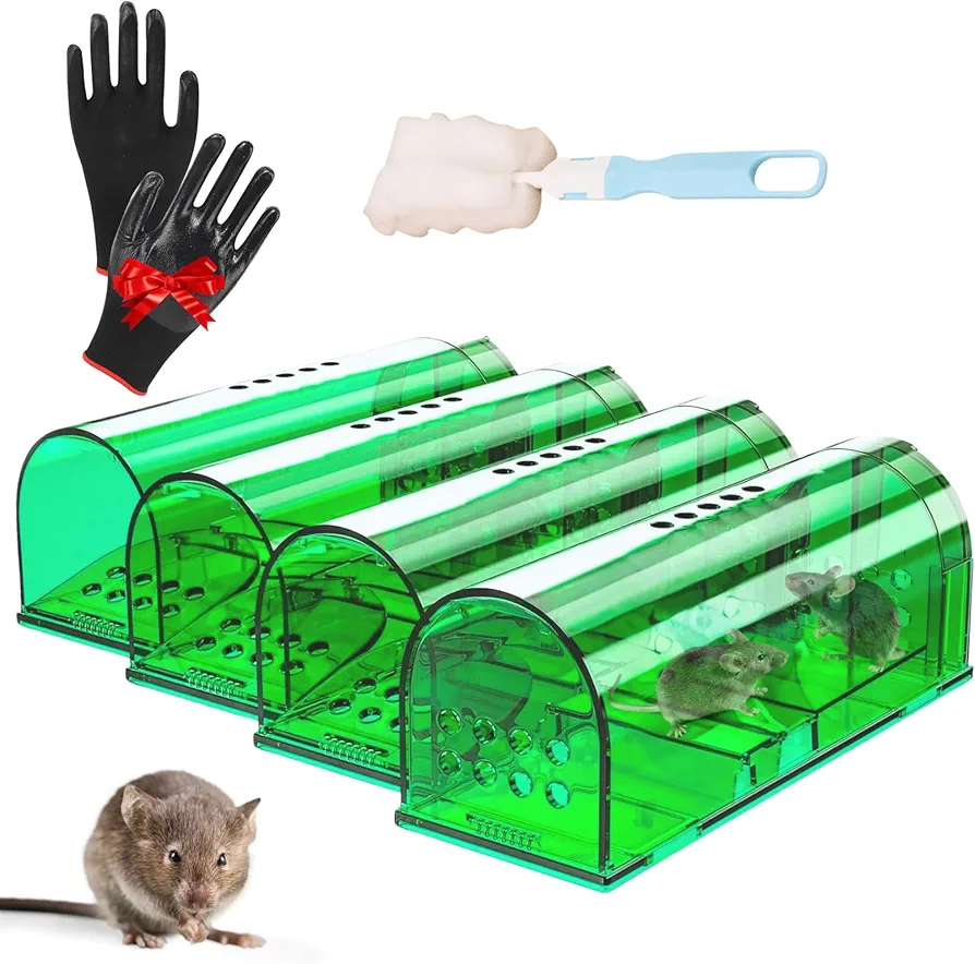 4 Pack Mouse Traps Humane Catch and Release Reusable No Kill, Multiuse, Live Mouse Trap, No Touch, Pet Safe mice Trap Indoor for Home, Easy Set in Basement, Garage, with Gloves