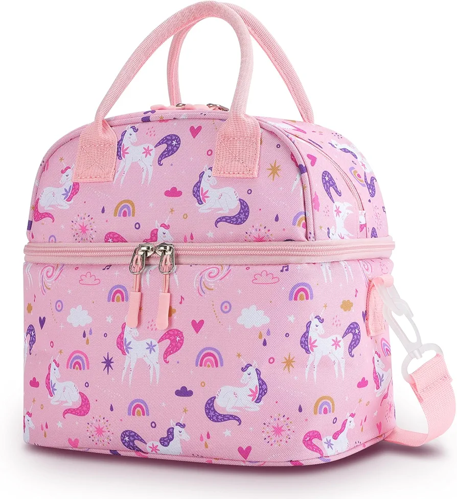 2 Compartment Lunch Bag Kids, Insulated Lunch Box for Girls Boys Toddler Daycare School, Large Lunch Tote Bag for Kids with Shoulder Strap (Magic Unicorns)