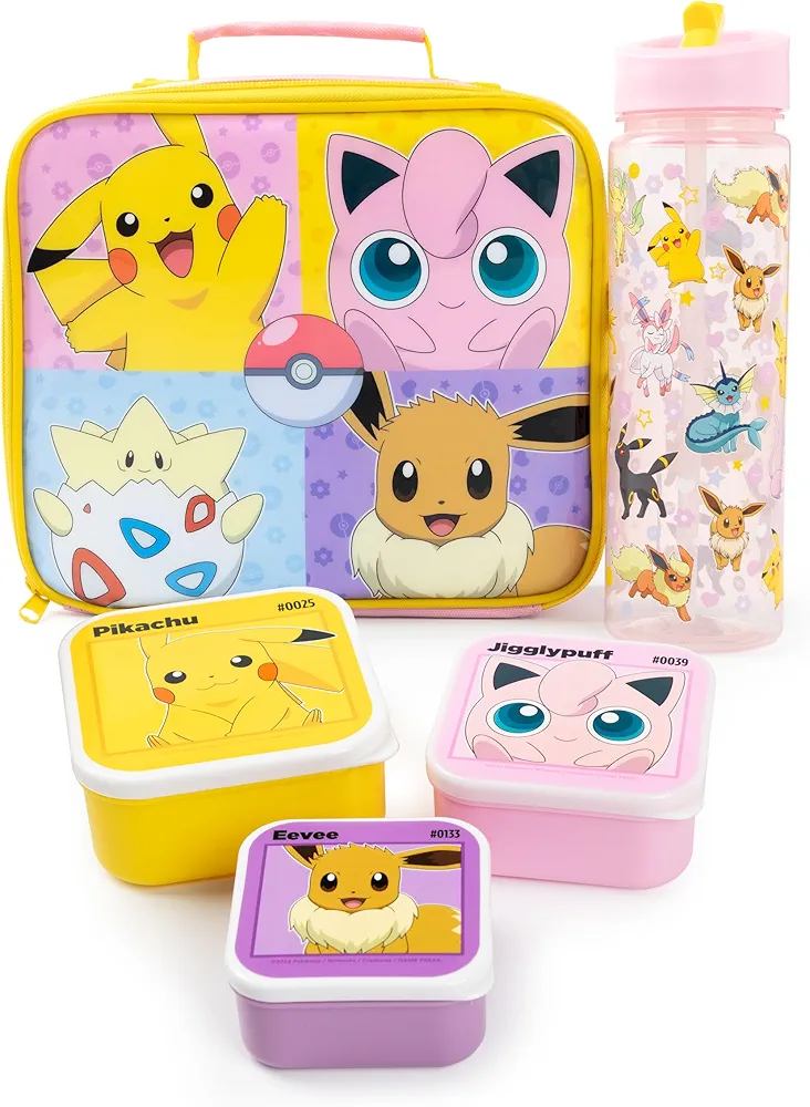 Pokemon Girls Lunch Bag Set | Kids 5 Piece Zip Dinner Bag, Water Bottle and Snack Pot Bundle in Pink & Yellow | Pikachu, Jiggly Puff, Eevee, Togepi Besties Characters | Game TV Series Merchandise Gift