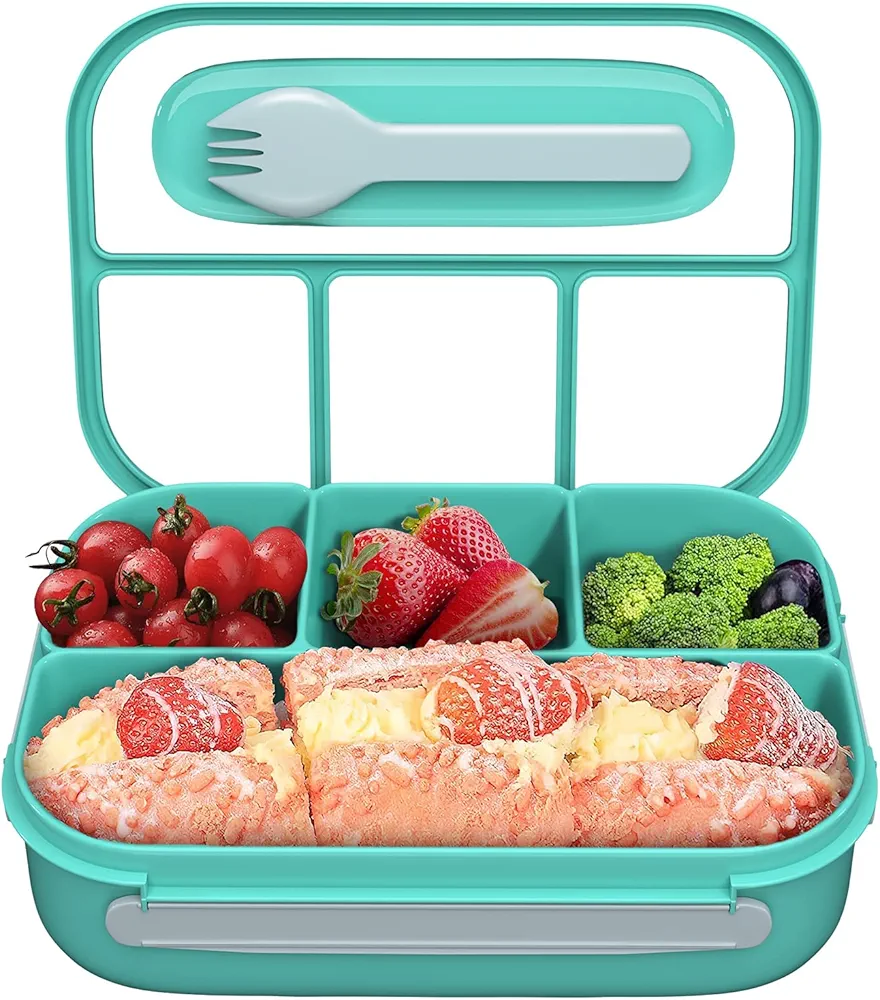 Landmore Bento Box for Adult, Kids Bento Lunch Box with 4 Compartments and Spoon 1000 ML Leakproof Food Storage Box for School, Work and Travel, BPA Free