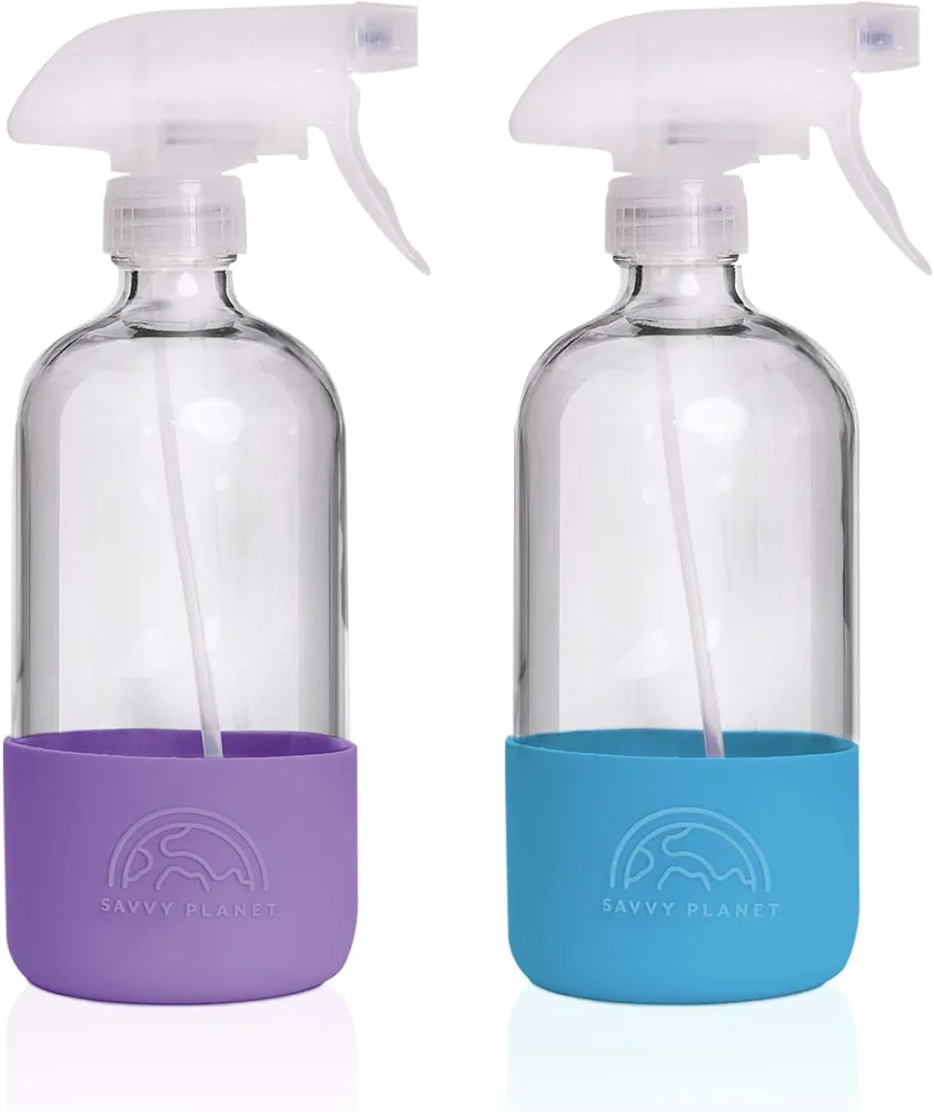 Glass Spray Bottles for Cleaning, Silicone Sleeve Bottom for Protection, Reusable Glass Spray Bottles 16 Oz With Adjustable Nozzle Settings (2 Pack)