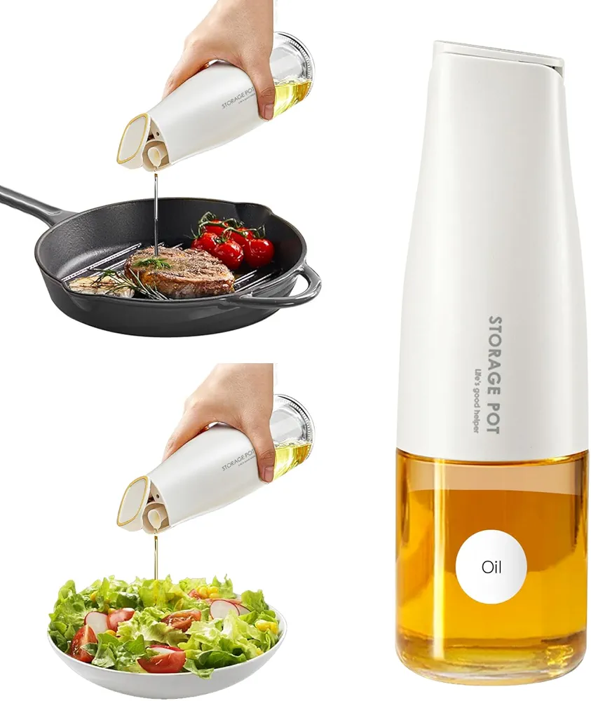 YARRAMATE Auto Flip Olive Oil Dispenser for Kitchen, 500ml /17oz Cooking Glass Oil and Vinegar Dispenser, Beautiful Oil Bottle, Non-Drip Soy Sauce Dispenser, Oil Pourer & Labels(White)