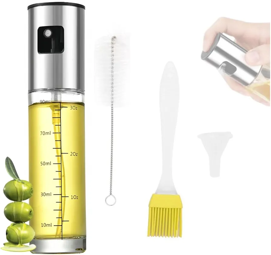 100ml Oil Sprayer for Cooking, Stainles Steel Olive Oil Vinegar Spritzer with Brush & Funnel Transparent Glass Oil Mister Kitchen Gadgets for Grilling Roasting Air Fryer BBQ Barbecue