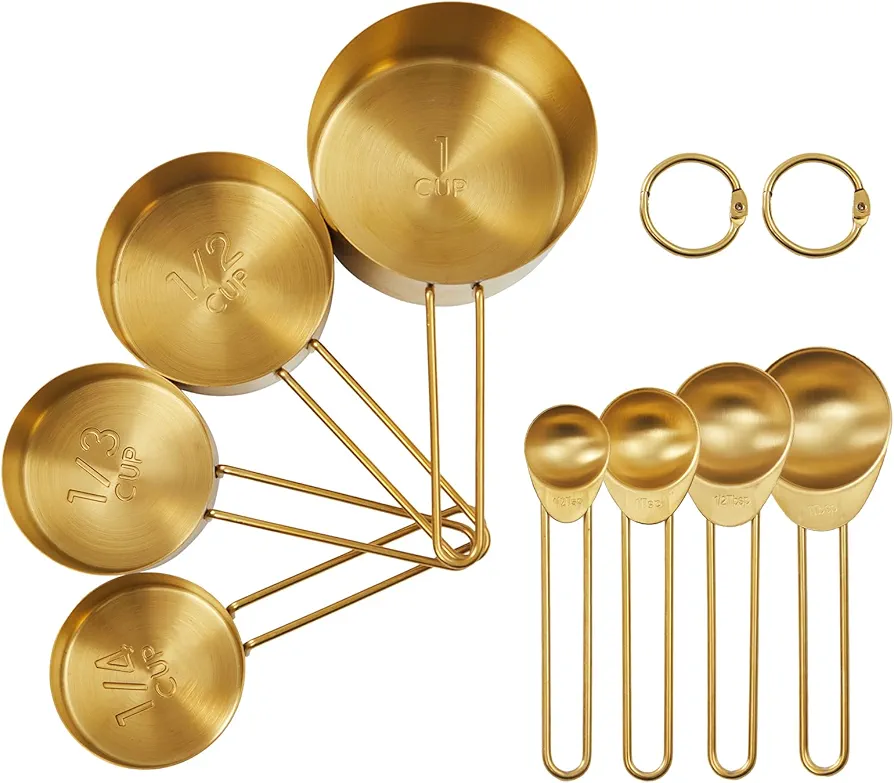 Golden 304 Stainless Steel Measuring Cups and Spoons Set,8PCS Stackable & Long Handle Fits Narrow Jars, Premium Gold Kitchen Gadgets for Liquid & Dry Ingredients Baking Cooking, Durable&Rust-Proof